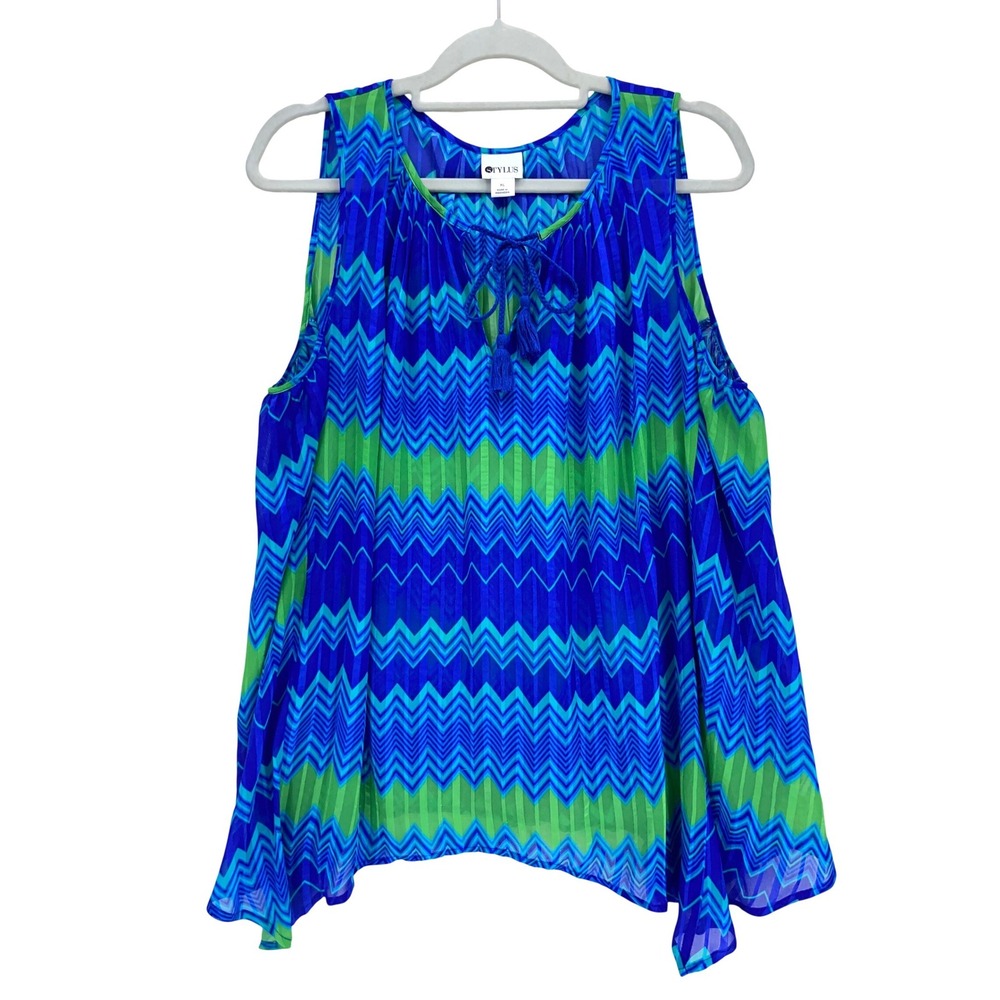 Stylus Blue Green Chevron Cold Shoulder Top Size XL Tassel V-Neck Pleated Boho
